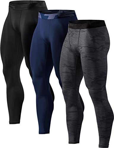 TSLA Men's Compression Pants, Cool Dry Athletic Workout Running Tights Leggings with Pocket/Non-Pocket, 3pack Cool Dry Pants Black/Navy/Urban Camo Black, Large