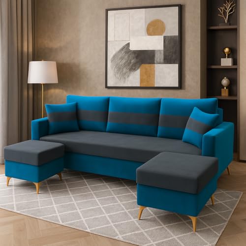 Image of SOCOZI Bravelle 5 Seater L Shape Sofa Set with 2 Movable Ottomans | Flexible Layout | Soft Velvet Suede Fabric|Modern Sofa with Golden Legs | Plush Comfort Cushions for Living Room (Teal Blue-Grey)