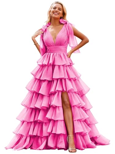 Image of TORYEMY Tiered Tulle Prom Dress Long Ball Gown Deep V Neck Formal Evening Dresses with Slit Ruched for Women