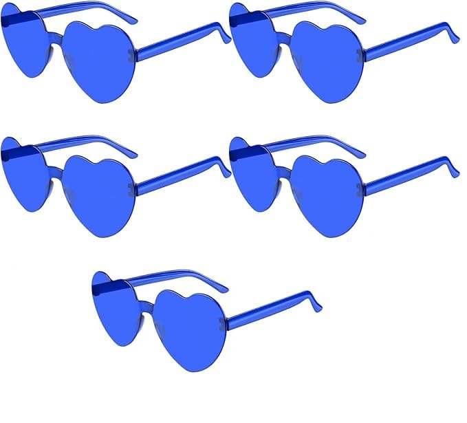 PLULON 5 Pairs Heart Sunglasses for Women Blue Heart Glasses Valentines Day Rimless Shaped Sunglasses Candy Color Fun Glasses for Party Favor (Blue)