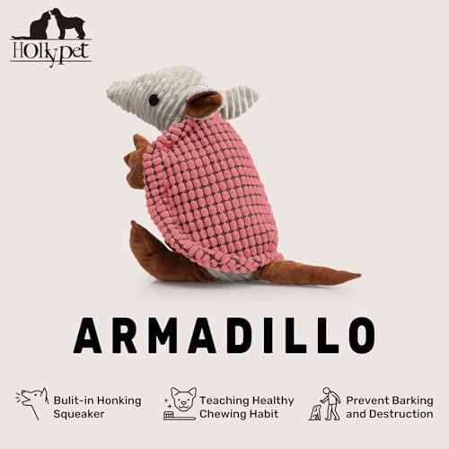 Image of Hollypet Plush Dog Squeaky Toy Stuffed Armadillo Animal Pet Puppy Chew Toys with Clean Teeth for Small Medium Large All Breed Sizes Dogs, Bright Pink, 14 in
