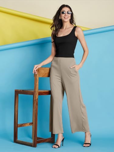 Image of Selvia Women's Solid Ribbed Lycra Elastic Regular Fit Wide-Leg Trouser