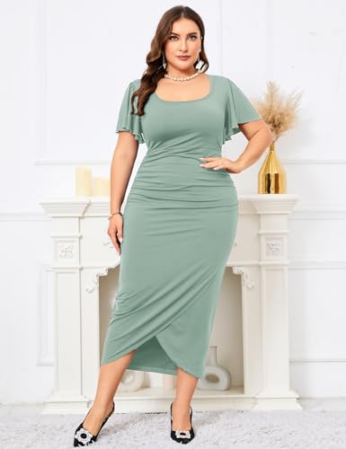 Image of ZOMVA 2024 Plus Size Cocktail Dress Comfortable Bell Sleeves Wedding Guest Square Neck Semi Formal
