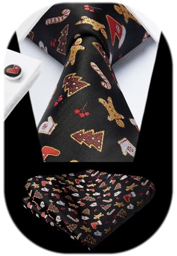 Image of HISDERN Christmas Ties for Men Holiday Tie and Pocket Square Cufflinks Festival Party Xmas Funny Silk Woven Necktie
