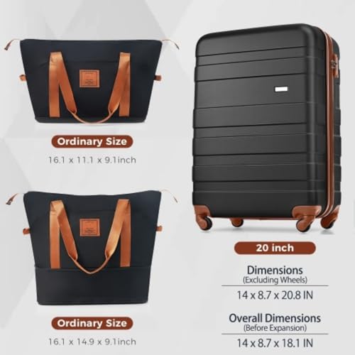 2-piece Luggage Set, 20" Carry-on and Expandable Travel Bag, Suitcase, ABS Hard Shell, 360-degree Spinner Wheels, Telescopic Handle, Black and Brown2