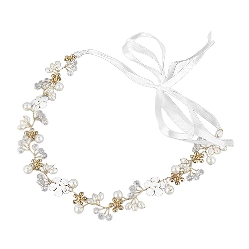 POCREATION Diadema de novia, diadema de boda con diamantes de imitación de perlas y hojas de flores, accesorios para el cabello para novia, mujer, aleación dorada con cinta, tocado de novia