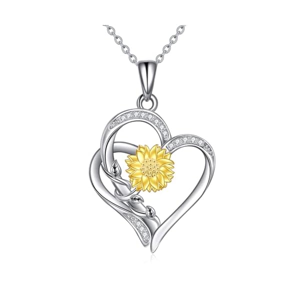 ZBA Natural Diamond Sunflower Heart Necklace for Women 18K Gold Plated Sterling Silver Sunflower Heart Pendant Necklace Jewelry Mothers Day Gifts for Mom(Color FG Clarity SI2SI3)
