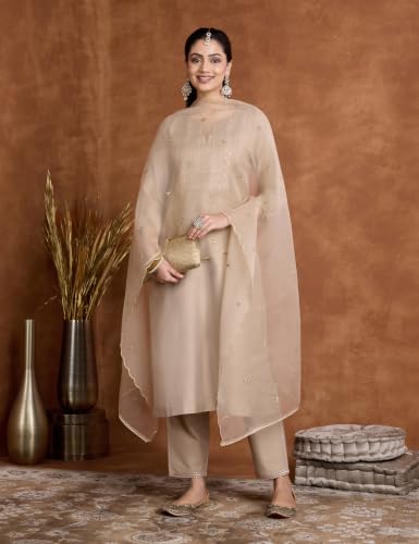 Image of Amazon Brand - Myx Women's Embroidered Kurta Set with Organza Dupatta (Available in Plus Sizes)
