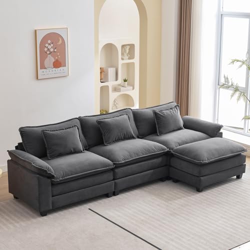 Image of Oprisen 120 inch Modular Sectional Sofa, Comfy Cloud Couch Sectional Sofa with Ottoman, Velvet Sofa Sleeper Deep Seat Sofa with Throw Pillows for Living Room (Blue Gray, 120 inch- L Shape)
