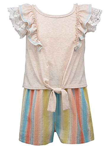 Image of Bonnie Jean Girls Size 7-16 Oatmeal Flutter Ruffle Top Stripe Shorts Set (8)