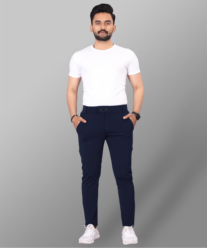 Image of MiraMichi Men's Slim Fit Stretchable Casual Mid Rise Trousers | Stylish Lycra Blend Pants for Office, Party