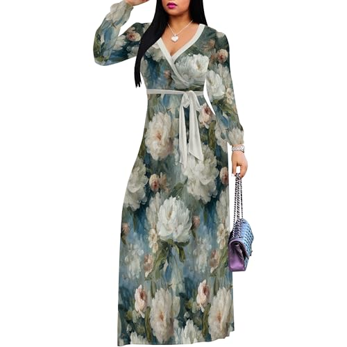 Image of PinkPatty Women's Long Sleeve Maxi Dress Plus Size Trendy Wedding Guest Dress with Pockets&Belt