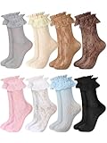 Fourluoo 8 Pairs Women Lace Socks Ruffle Frilly Ankle Women Cute Lolita Lace Trim Socks(8 Colors,5-9)