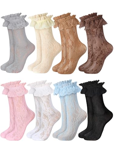 Fourluoo 8 Pairs Women Lace Socks Ruffle Frilly Ankle Women