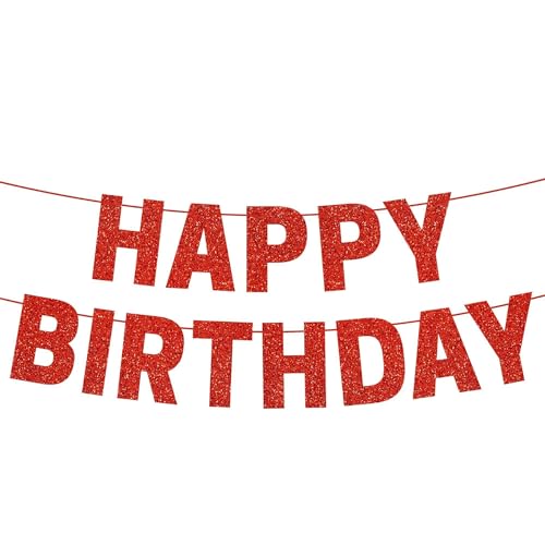 Pre-Strung Happy Birthday Banner - Red Glitter Happy Birthday Party Banner