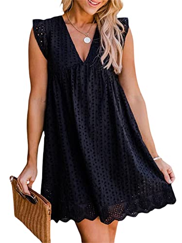 Rüschen Kleid Eingebaute Shorts V Ausschnitt Freizeitkleid mit Taschen Casual Sommerkleid Rüschen Ärmel Spitze Sommerkleid, Schwarz , Small Cover