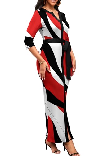 Image of Nmoder Maxi Dress for Women Long Church Cocktail Casual Dresses Colorblock Front Split 3 /4 Sleeve V Neck Pencil Dress