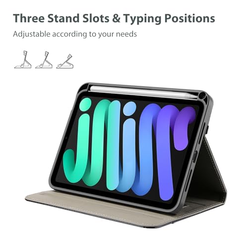 ProCase iPad Mini A17 Pro 第7世代 (2024発売) Mini6 第6世代 (2021発売) 専用 ケース ペンホルダー付き PUカバー スタンド機能 ビンテージデザイン 書類やカード用ポケット付き - ブラック