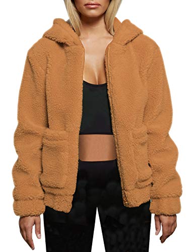 FANCYINN Womens Teddy Hooded Fleece Jackets & Coats Faux Fur Furry Lapel Zip Up with Pockets Warm Winter Camel M