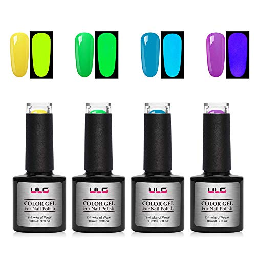 Gel Nail Polish Set Neon Color - ULG Glow in The Dark Bright Colors UV LED Soak Off Gel Polish Luminous Nail Art Manicure Kit Gift Box for Fluorescent Yellow Green Color 10ml 0.33oz - 4 Pieces
