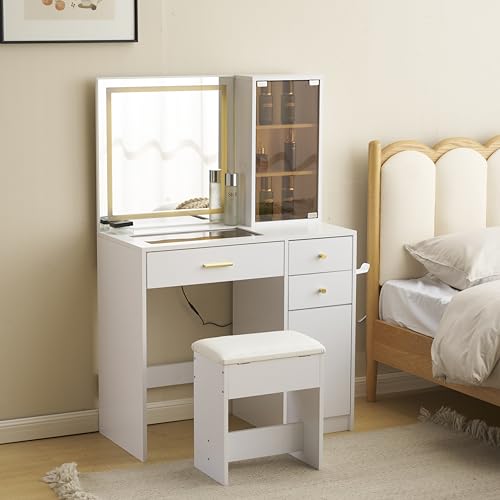 OSJ ドレッサー 化粧台 テーブル 鏡台 ライト付き 3色LED ドライヤーホルダー コンセント付き デスク 女優ミラー スツール付き 引き出し 収納 椅子 セット サイド収納 メイク台 シンプル 大容量 可愛い おしゃれ 寝室