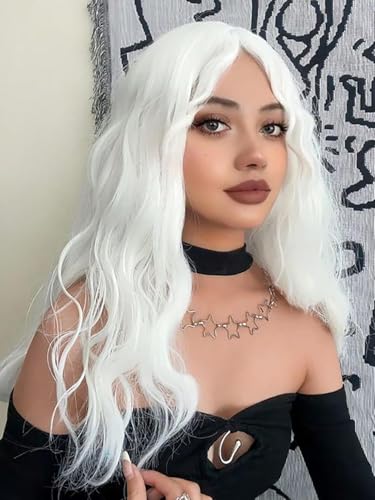 PORSMEER Perruque longue ondulée blanche bouclée pour femmes filles Halloween Costume elfe fée ou sorcière, perruque de cheveux synthétiques d’apparence naturelle pour cosplay anime unisexe