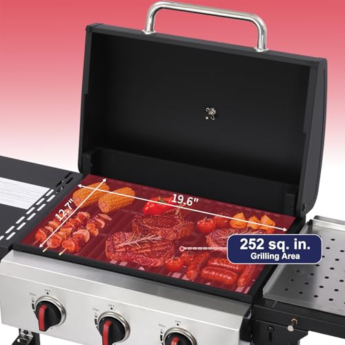 3-Burner Propane Gas Grill with Cast Iron Grate, 30,000 BTU Output & 252 Sq. Inch Cooking Space, Easy-Clean System & Foldable Side Tables for Outdoor BBQ (3-Burner) - Image 4