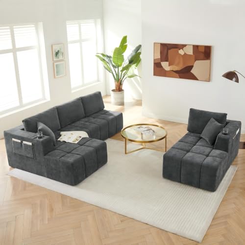 Image of KCGKCG 132 inch U Shaped Chenille Cloud Couch - No Assembly Required, Dark Gray