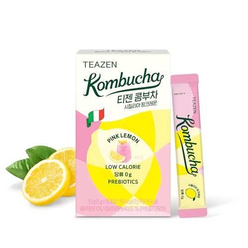 Image of TEAZEN Sicily Pink Lemon Kombucha Powder, Hydration Drink Mix, Sugar Free, Live Probiotics & Prebiotics, On-the-Go 10 Packets, 1.76oz