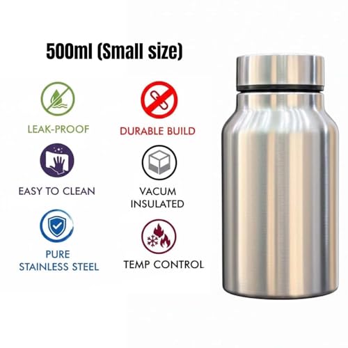 Image of Stainless Steel Water Bottle 500ml | Leak Proof, Rust Proof & BPA Free Small Metal Drinking Bottle | Reusable Steel Water Bottle for School, Gym, Yoga & Office | Durable Fridge Friendly Bottle