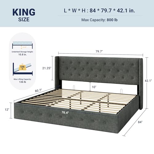 Image of Allewie King Size Lift Up Storage Bed, Button Tufted Headboard with Wingback, Hydraulic Support, No Box Spring Needed, Dark Grey