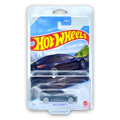 Hot Wheels Tesla Model 3 (Black) 3/5 Luxury Sedans 2022 - (Long Card) - COMES IN A KLAS CAR KEEPER PROTECTIVE COLLECTORS CASE - HDH14