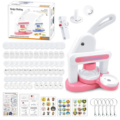 KBIBCK Button Maker Machine, 35mm and 55mm Badge Punch Press Kit, Badge Making Kit for Kids with 72 Pcs Button Parts and 3 Stickers, Badge Machine with Circle Cutter for Party, Events, Gifts (Pink)