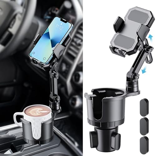 Sinvanho Cup Holder Phone Mount for Car, Adjustable Height Long Neck Cell Cradle with Expandable Base, Car Truck Interior Accessories Compatible iPhone Samsung Most Smartphones and Drink Bottles