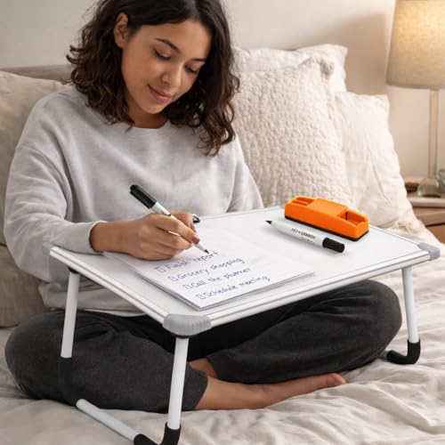 Image of YAJNAS Writable Whiteboard & Laptop Table | Portable Study Desk & Lap Desk for Bed with Laptop Support | Foldable Lap Bed Table, Ideal for Home & Office Presentation - (15 x 23, White)