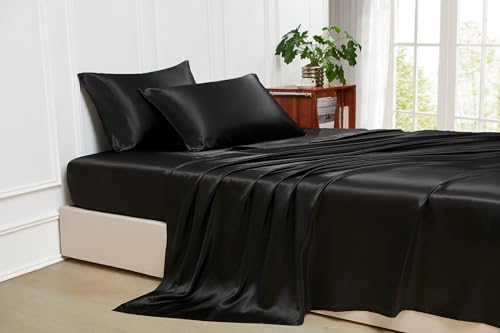 Image of Lanest Housing Silk Satin Sheets, Queen Size Satin Bed Sheet Set with Deep Pockets, Cooling Soft and Hypoallergenic Sheets Queen - Black
