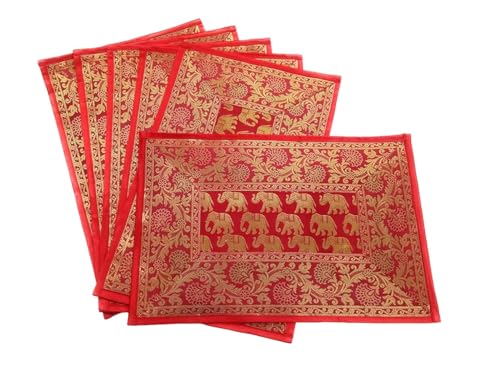 Image of Diwali Room Decor Silk Table Runner Placemats Tea Coaster Set for Living Room 4 to 6 Seater Dinning Table Table Mat Set Centre Table Top Decor Pack of 13 Pcs (Red)