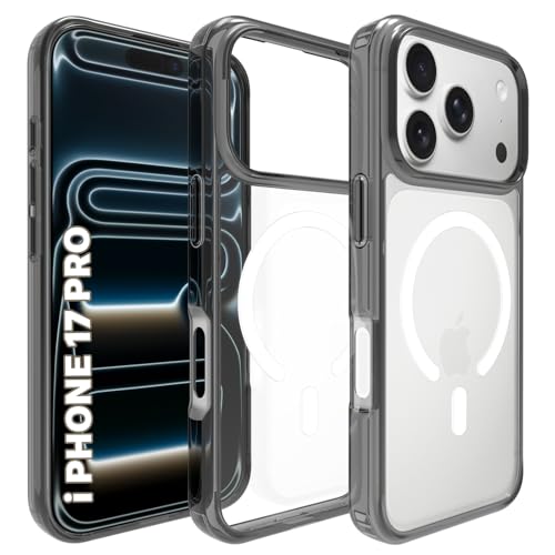 Image of RIGGEAR Shockproof Clear Hybrid Armor Magnetic Back Cover Case Compatible with MagSafe Accessories for iPhone 17 Pro (Clear-Black TPU Bumper + Transparent PC) (White MagRing)