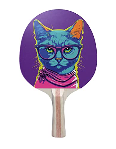 TigerTail Sports Cat Glasses Colorful Design Ping Pong Paddle, Premium 5 Ply Table Tennis Racket (Black on Back)