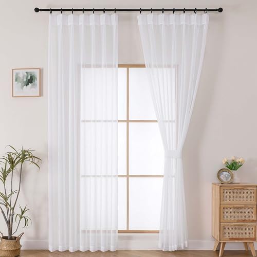 OWENIE White Pinch Pleated Sheer Curtains 84 Inches Long 2 Panels Set for Bedroom Living Room Soft Airy Light Filtering Sheer Privacy Curtains Drapes White 2Pcs Each 40x84 Inch