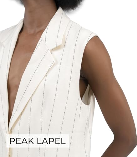 Womens Vest Linen Beige Peak Lapel Button Front Flap Pocket Single Breast Stripe for Women3