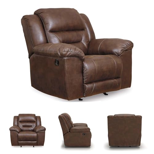 Image of Signature Design by Ashley Stoneland Faux Leather Manual Pull Tab Rocker Recliner, Dark Brown