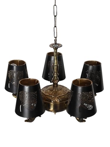 Image of Devansh 05 Lights Metal Leaf Etched Shade with Antique Golden Chandelier -X