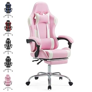Sweetcrispy Gaming Stuhl,Ergonomischer Bürostuhl mit Fußstütze,Gamer PC Stühle mit Kopfstütze Lendenkissen,90-150° einstellbar Gaming Chair,Leder Drehbar Schreibtischstuhl Computerstuhl,Rosa