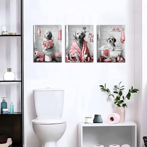 Image of sechars Funny Dogs Bathroom Wall Art Grey and Red Bath Decor Cute Animal Painting Canvas Print (Red)