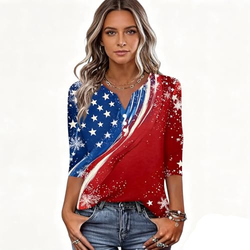 Image of 4th of July Shirts Women 3 /4 Length Sleeve Womens Tops Henley Neck Casual Patriotic T Shirts