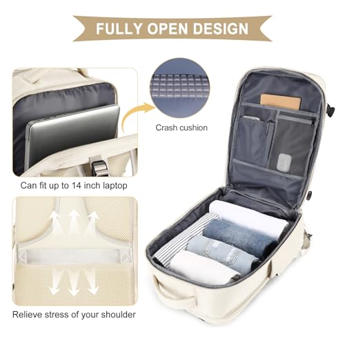 Image of coowoz Large Travel Backpack For Women Men,Carry On Backpack Flight Approved,Hiking Backpack Waterproof Outdoor Sports Rucksack Casual Daypack Fit 15.6 Inch Laptop Shoes Compartment(Off White)