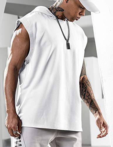 Lomon Canotte da uomo Canotte con cappuccio Camicia da palestra senza maniche tinta unita Running Athletic Sports Muscolo Bodybuilding Magliette.., bianco, L