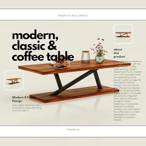 Image of Coffee Table /Centre Table /Tea Table Racktangle Solid Sheesham Wood top with Black Metal Frame, Z - Shape Sofa Table Living Room,Office, Dining,Bedroom, Sofa Side, Home Decor Brown