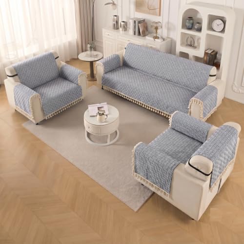 Image of Story@Home Velvet Sofa Cover 5 Seater Fully Covered | Sofa Cover 3 1 1 Seater Full Set - Sofa Mat with Sofa Back Covers & ArmRest Covers | Specially for 3+1+1 Configuration - Navy Blue & White